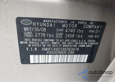 2009 Hyundai Azera Gls z USA, uszkodzony, nr VIN KMHFC46D19A363476